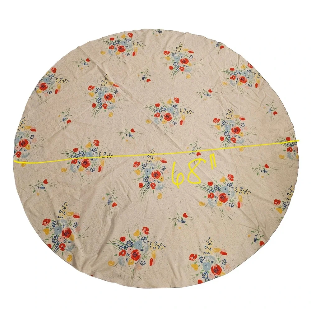 Oleg Cassini Vintage Round Floral Tablecloth White Red Blue 68 Inch Diameter